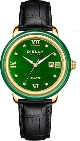 Diella Ladies Quartz Watch with Leather Strap, Dark Green Jade and Gold/Silver Stainless Steel Waterproof Luxury Dress Wrist Watches for Women (AD5002L) - Best Deal Finder