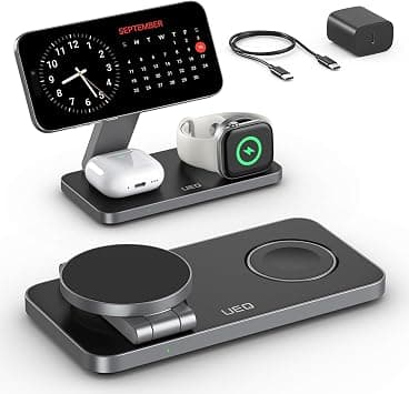 UEQ Foldable 3 in 1 Wireless Charging Station for Apple Magsafe Charger Stand,Fast Magnetic Wireless Charger Station for iPhone 17 Air 16 15 14 13 12 Series,Airpods Pro,Apple Watch Ultra (Pure Black) - متتبع أسعار Amazon.sa