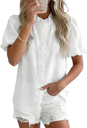 Astylish Women Striped Blouses Spring Summer Ruffle Collar Puff Sleeve Button Down Shirts Business Casual Tops on Amazon.ae - Price Tracker