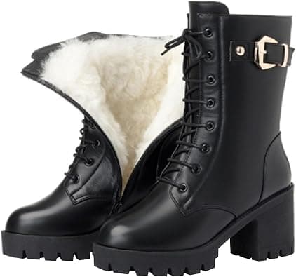BILIKEYU Womens Snow Boots Tie up Fuzzy Lined Chunky Block Heel Warm Riding Biker Booties Hiking Ski Winter Outdoor Shoes, Black, 6.5 على Amazon.ae - متتبع الأسعار