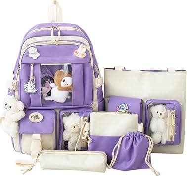 Kawaii Backpack 5pcs Set Aesthetic School Bags, Japanese with Badge Pendant, Cute, A-Purple على Amazon.ae - متتبع الأسعار