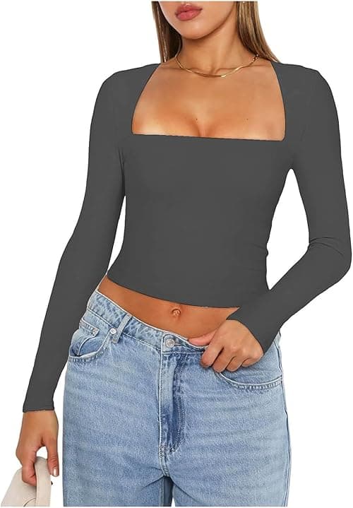 Tops Women's Slim Fit Long Sleeve Crop Top - Square Neck Solid Color T-Shirt - Fashionable Dressy Blouse for Summer & Fall 2024 on Amazon.ae - Price Tracker