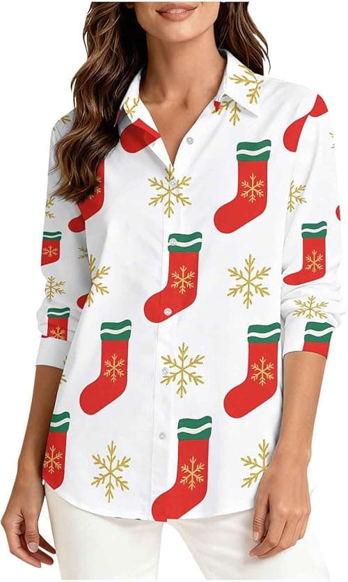 Christmas Tops for Women UK Novelty Xmas Jumpers Long Sleeve Tunic Top Button Up Shirt V Neck Blouse Xmas Tree Snowflake Reindeer Jumper Striped Shirt Ugly Funny Christmas Jumpers on Amazon.ae - Price Tracker