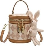 Women Quilted Lattice Crossbody Bag, Azonee Faux Leather Bucket Bag Shoulder Bag, Small Tote Square Satchel Handbags with Bunny Doll Pendant, Suitable for Traveling, Shopping - Best Deal Finder