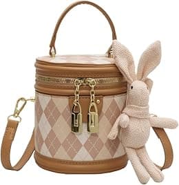 Women Quilted Lattice Crossbody Bag, Azonee Faux Leather Bucket Bag Shoulder Bag, Small Tote Square Satchel Handbags with Bunny Doll Pendant, Suitable for Traveling, Shopping - Best Deal Finder