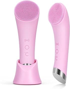 PRITECH Facial Cleansing Brush, Rechargeable Silicone Face Scrubber with Heat Massage End, Vibrating Exfoliator Scrubber for Deep Cleaning, Waterproof Face Brush for Women and Men (Pink) - Best Deal Finder