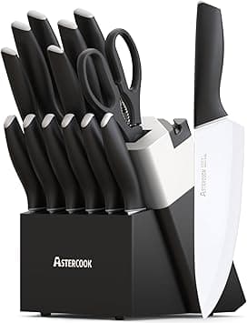 Astercook Knife Set, Kitchen Knives with Block and Sharpener Ceramic Coating 15 Pcs German Stainless Steel Knives Sharp Blade Dishwasher Safe Kitchen Utensils Set with Ergonomic Handle, Elegant Black on Amazon.ae - Price Tracker