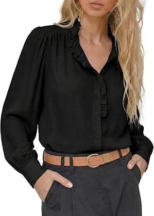 Astylish Women's Ruffle Collar Long Puff Sleeve Chiffon Blouse Button Down Shirt Loose Fit 2026 Spring Summer Tops on Amazon.ae - Price Tracker