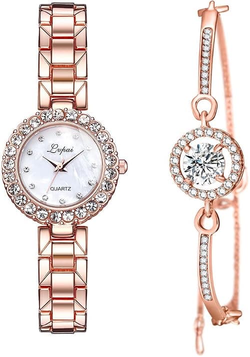 Womens Watch Gifts Set with Bracelet Rose Gold for Lady Female Elegant Luxury Wrist Watches Ladies Stylish Bracelet Watches على Amazon.ae - متتبع الأسعار