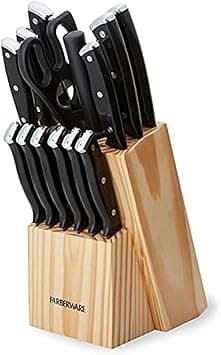 Farberware Triple Riveted Knife Block Set, 15-Piece, Black Pine, High Carbon-Stainless Steel Blades, Ergonomic Handles, Includes Natural Pinewood Block on Amazon.ae - Price Tracker