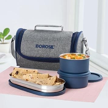 Borosil Carrymore Microwavable Stainless Steel Lunchbox with Bag | 3pc Container Set | Tiffin with Food Grade Steel | 1 Year Warranty (Lunchbox with Chappati Box) على Amazon.ae - متتبع الأسعار