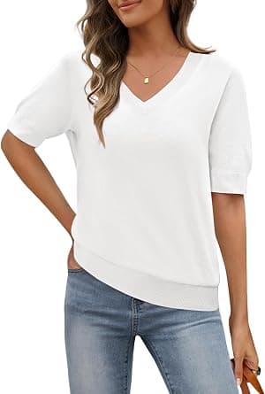 MEROKEETY Women's Summer Short Sleeve Tops Casual V Neck Lightweight Knit Sweater Shirts Blouse - Best Deal Finder