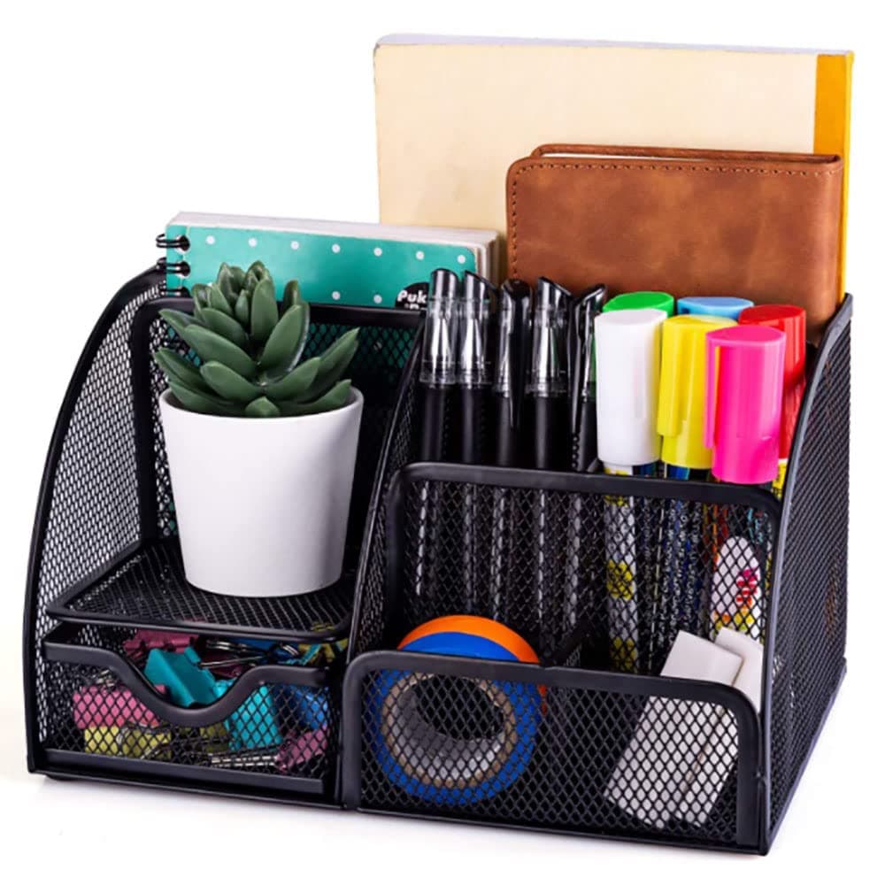 CLOUDFOUR Mesh Desk Organizer Office Supplies Multi-Functional Caddy Pen Holder Stationery Organizer for Office, Home, School, Classroom (6 Compartments and 1 Drawer) (Black - Shape B) on Amazon.ae - Price Tracker