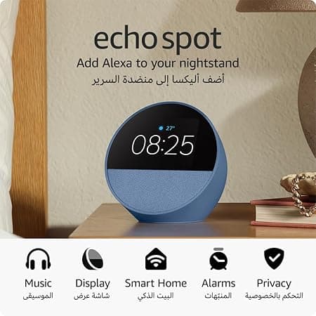 Echo Spot (2024 release), Smart alarm clock with vibrant sound + Alexa, Ocean Blue on Amazon.ae - Price Tracker