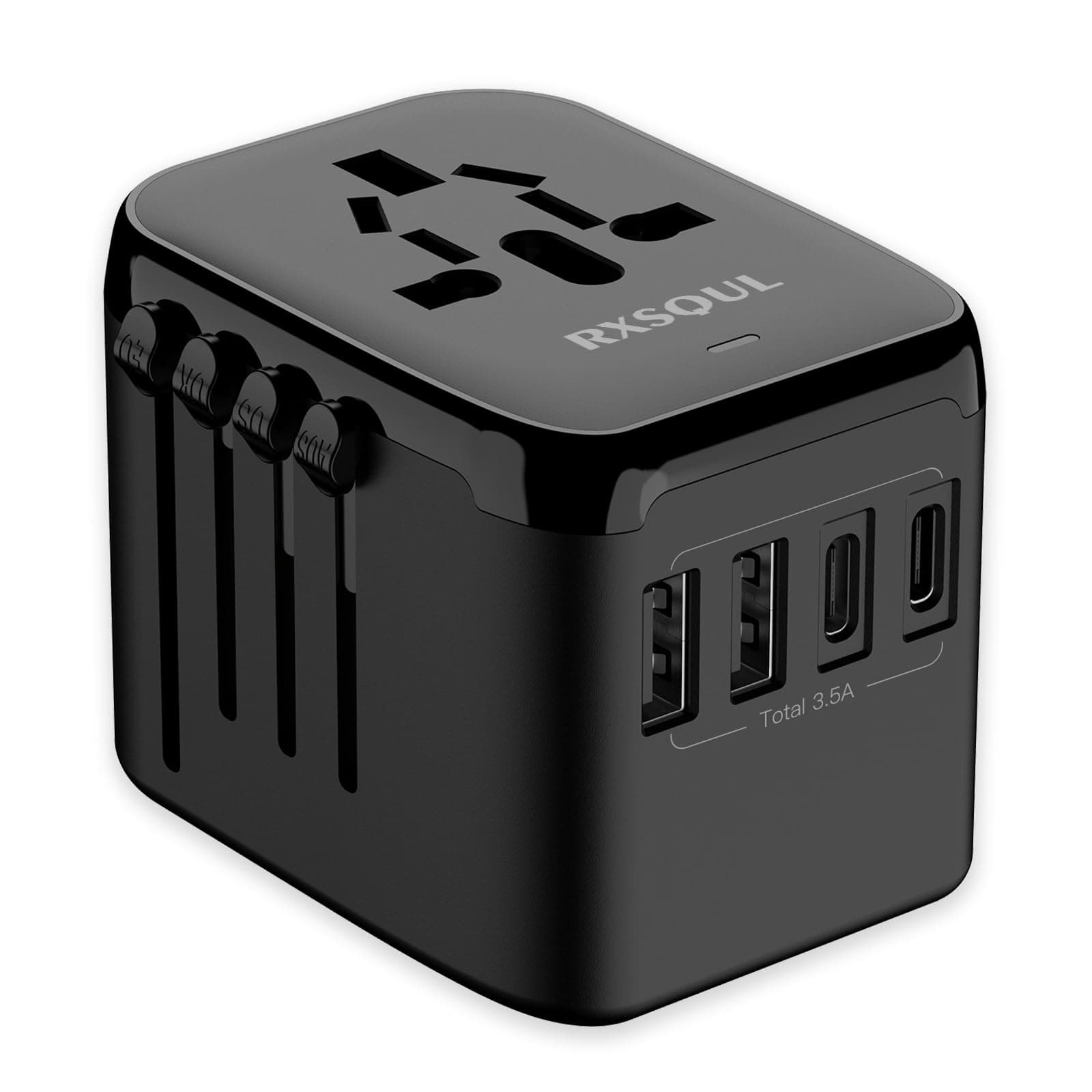 RXSQUL Universal International Power Travel Plug Adapter, 5 in 1 European Travel Plug Adapter W/ 3.5A 2xUSB-A And 2xUSB C Wall Charger and Worldwide AC Outlet for Europe USA UK AUS Asia-Black on Amazon.ae - Price Tracker