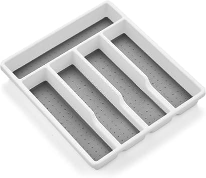 E-far Silverware Tray for Drawer, Small Plastic Utensil Tray Drawer Organizer, 5 Compartment Flatware Cutlery Holder/Divider, White with Gray Non-slip Rubber Grips, 12.6 x 11.4-Inch on Amazon.ae - Price Tracker