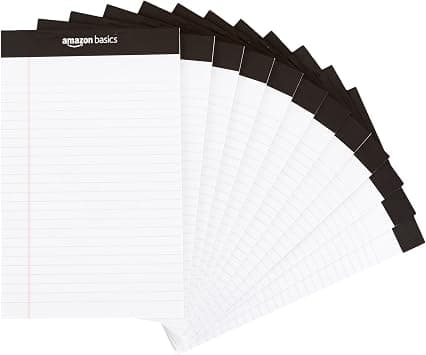 Amazon Basics Narrow Ruled Writing Pads, 50 Sheets Per Pad, 12 pack, 12.7 cm by 20.3 cm, White - متتبع أسعار Amazon.sa