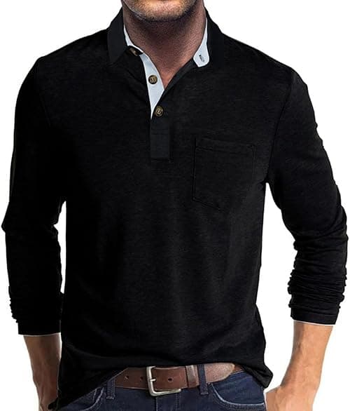 Men's Casual Polo Shirts Classic Button Basic Long Sleeve Shirt Solid Color Cotton Tees Stylish Tops on Amazon.ae - Price Tracker