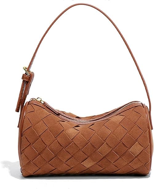 Luxury Woven Vegan Leather Shoulder Bag, Brown Suede Mini Handbag, Crossbody Cylinder Purse with Adjustable Strap on Amazon.ae - Price Tracker