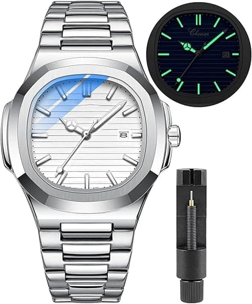Fashion Men's Watches, Business Watch Stainless Steel Luxury Style Luminous Quartz Waterproof Analog Display Date Male Wristwatch, Silver Case White Dial Background على Amazon.ae - متتبع الأسعار