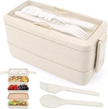 3 Layer Lunch Box Bento Box for Adults, 4-in-1 Meal Prep Container with Fork & Spoon, 1000ml Food Storage Box for Men Women Student School Office, Microwave Dishwasher Safe Available (Beige) on Amazon.ae - Price Tracker