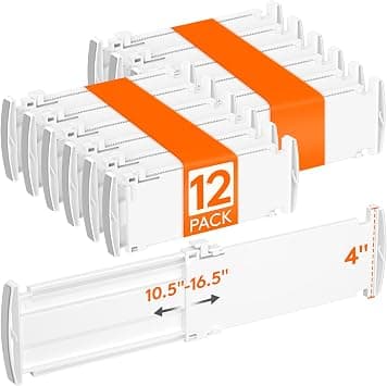 Lifewit Drawer Dividers for Clothes, Adjustable Drawer Organisers, Plastic Expandable Dresser Organizers Shelves Dividers in Closet Storage/Bedroom/Bathroom/Kitchen, 12 Pack 4" High 10.5-16.5" Long على Amazon.ae - متتبع الأسعار