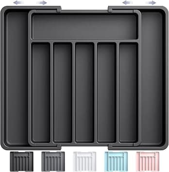 Aujen Cutlery Drawer Organiser - Expandable Kitchen Drawer Organiser, Adjustable Cutlery Tray, Utensil Organiser for Forks, Knives, Multipurpose Kitchen Storage, Black, Large on Amazon.ae - Price Tracker
