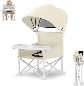 Portable Baby Chair, Foldable Toddler Booster Seat, with Removable Tray, Canopy and Safety Harness, Baby Sit up Chair, Portable Seat for Kitchen Chair (Beige) on Amazon.ae - Price Tracker