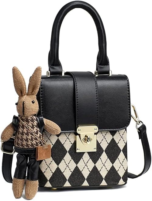 Women Quilted Lattice Crossbody Bag, Azonee Faux Leather Bucket Bag Shoulder Bag, Small Tote Square Satchel Handbags with Bunny Doll Pendant, Suitable for Traveling, Shopping on Amazon.ae - Price Tracker