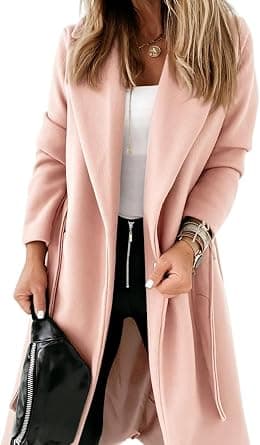 Womens Classic Coat Lapel Collar Open Front Belted Long Jacket - Best Deal Finder