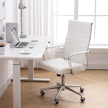 Lepdep Home Office Chair Ribbed,Modern Leather Conference Room Chairs, Ergonomic Office Desk Chair, High Back Executive Computer Chair, Adjustable Swivel Chair with Arms (White) على Amazon.ae - متتبع الأسعار