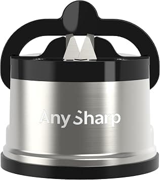 AnySharp Pro Metal Knife Sharpener, Hands-Free Safety, PowerGrip Suction, Sharpens All Kitchen Knives, Ideal for Hardened Steel & Serrated, World's Best, Compact, One Size, Brushed, Metal على Amazon.ae - متتبع الأسعار