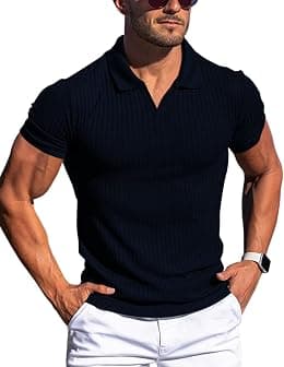 Men's Muscle V Neck Polo Shirts Slim Fit Short Long Sleeve Cotton Golf T-Shirts Ribbed Knit Soft Tees - Best Deal Finder