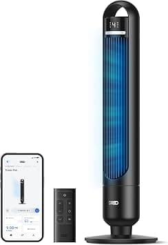 DREO Smart Tower Fan for Bedroom, 90° Oscillating Standing Fans for Room with 4 Speeds, 4 Modes, 28dB Quiet for Sleep, 26ft/s Velocity, 8H Timer, Remote/App/Voice Control for Living Room, Office, Home on Amazon.ae - Price Tracker