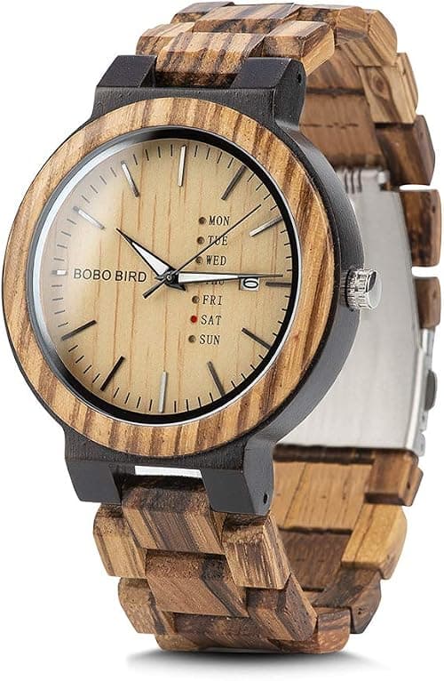 BOBO BIRD Week and Date Multi-Functional Display Men's Zebra Wooden Quartz Watch Lightweight Handmade Casual Wristwatches with Gift Box on Amazon.ae - Price Tracker