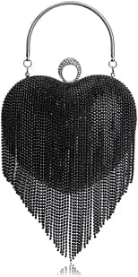 UMREN Women Luxury Heart Shape Tassel Evening Clutch Bag Rhinestones Wedding Party Purse Handbag, Black, One size - Best Deal Finder