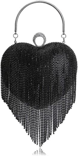 UMREN Women Luxury Heart Shape Tassel Evening Clutch Bag Rhinestones Wedding Party Purse Handbag, Black, One size - Best Deal Finder