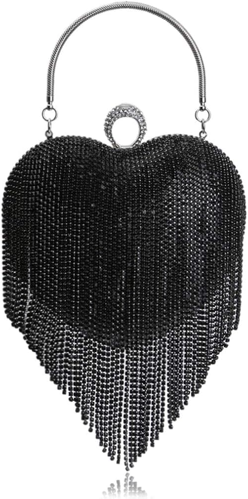 UMREN Women Luxury Heart Shape Tassel Evening Clutch Bag Rhinestones Wedding Party Purse Handbag, Black, One size on Amazon.ae - Price Tracker