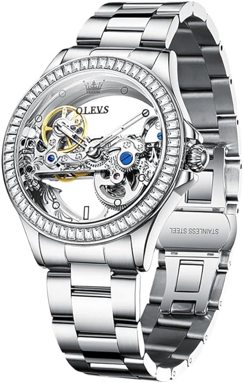 OLEVS Womens Watch Automatic Mechanical Diamond Skeleton Silver Luxury Dress Waterproof Luminous Watches for Women Gift Box Set on Amazon.ae - Price Tracker