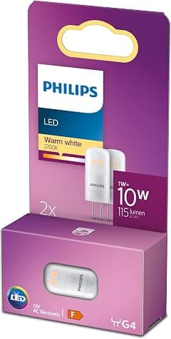 Philips LED Standard Burner, Replacement for Halogen 10 W, G4 Socket, Warm White Light 2700 K, Twin Pack, Old Generation, White - متتبع أسعار Amazon.sa