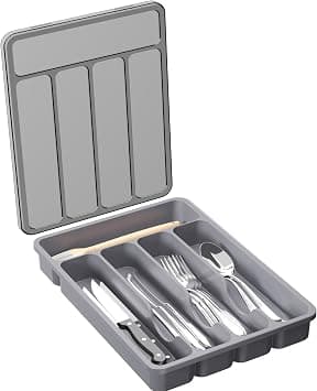 Lifewit Silverware Organizer with Lid, Covered Utensil Tray for Kitchen Drawer and Countertop, Plastic Cutlery and Flatware Storage Box for Spoons Forks Knives Holder Case, 5 Compartments, Gray على Amazon.ae - متتبع الأسعار