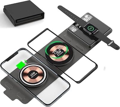 3 in 1 Foldable Travel Magnetic Wireless Charger, Fast Wireless Charger 15W, Wireless Charging Pad Compatible with Mag-Safe Charger for iPhone 14/13/12, Samsung Galaxy, Apple Watch, AirPods Pro on Amazon.ae - Price Tracker