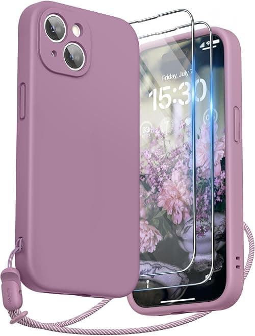 SURPHY Designed for iPhone 15 Case with Screen Protector and Lanyard, Phone Strap and Liquid Silicone Phone Case (Camera Protective + Soft Microfiber Lining) 6.1 inch 2023, Lilac Purple على Amazon.ae - متتبع الأسعار