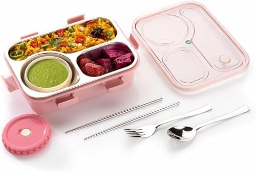 Clazkit Lunch Box 3 Compartment Leak-Proof BPA Free Stainless Steel, Lunch Box for Kids, Lunch Box for School & Office with a Fork, a Spoon and a Pair of Chopsticks (Pink) on Amazon.ae - Price Tracker