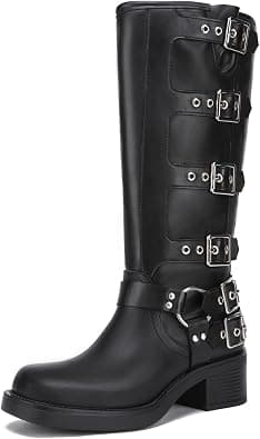 Athlefit Women's Knee High Riding Boots Fashion Buckle Square Toe Chunky Heel Wide Calf Biker Boots - Best Deal Finder