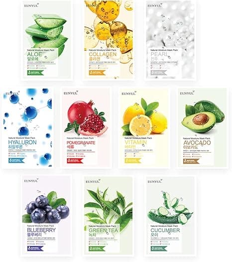 EUNYUL [PACK OF 10] Natural Sheet Mask Pack 10 types Korean Skincare Facial Mask Pack Aloe, Collagen, Pearl, Hyaluron, Avocado, Pomegranate, Vitamin, Blueberry, Green Tea, Cucumber on Amazon.ae - Price Tracker