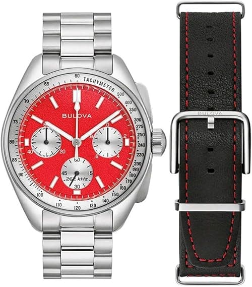 Bulova Pilot Moon Quartz Watch 43.5 mm with Chronograph, Calendar, Stainless Steel Strap and Additional Black Leather Replacement Strap, Red Strap على Amazon.ae - متتبع الأسعار