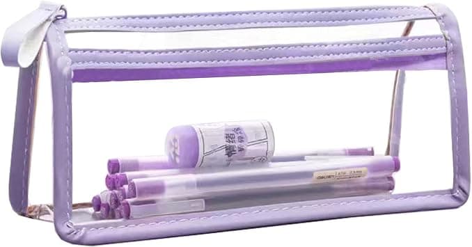 Clear Pencil Case Bag Pen Holder, Purple, 22 cm x 11 cm x 8 cm, with strip - Best Deal Finder
