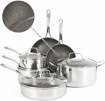Martha Stewart Badgley Hybrid Nonstick 10 Piece TriPly Stainless Steel Pots and Pans Non-Toxic Kitchen Cookware Set - Laser Etched Non-Toxic Nonstick W/Stay Cool Handle Dishwasher and Induction Safe على Amazon.ae - متتبع الأسعار
