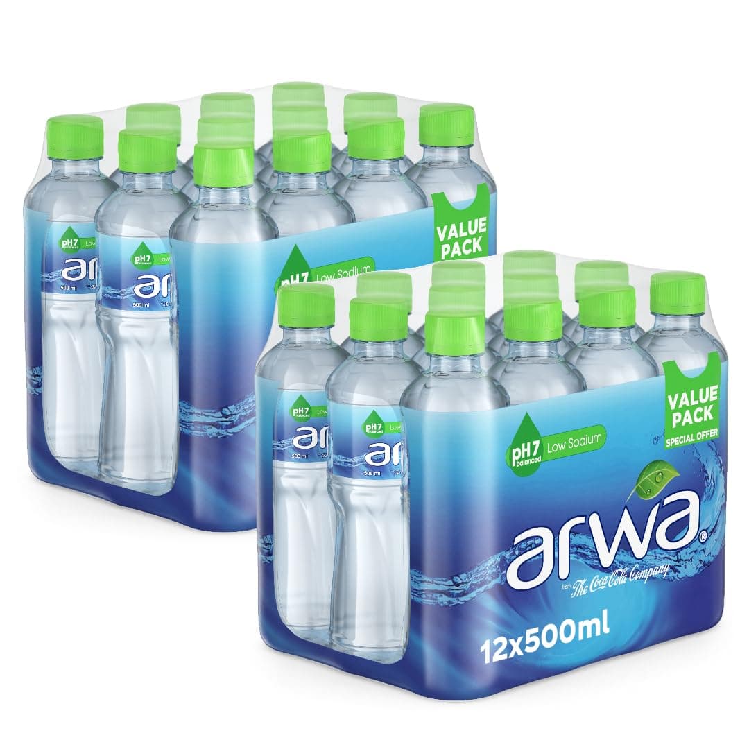 ARWA Still Water, Bottled Drinking Water, PET 500ml, Pack of 24 (12x2 Pack) on Amazon.ae - Price Tracker